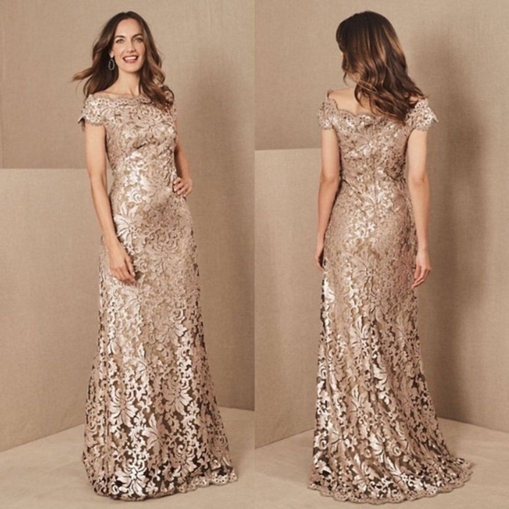 BHLDN Tadashi Shoji Odette Gold Sequin Off Shoulder Gown 10 MOB